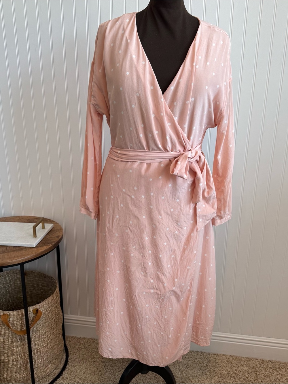 Sézane Laurette Silk Wrap Midi Dress Pink Polka Dot FR 44 US 12